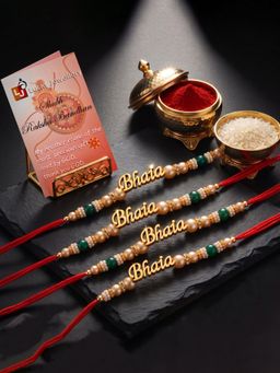 LUCKY JEWELLERY - Small Bhaiya Pendant Green Gold Beads Rakhi Brothers (Pack of 5)