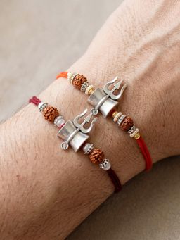 LUCKY JEWELLERY - Trishul Damaru Rudraksha Gold Beads Rakhi, Roli Chawal (Pack of 2)