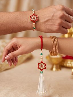 LUCKY JEWELLERY - Bhaiya Bhabhi Red Floral Green White Beads Rakhi Roli Chawal (Pack of 2)