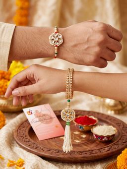 LUCKY JEWELLERY - Bhaiya Bhabhi Floral Kundan Green White Beads Rakhi Set (Pack of 2)