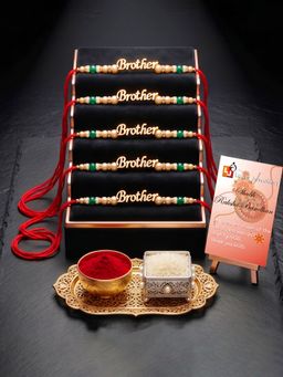 LUCKY JEWELLERY - Brother Pendant Rakhi Green Smooth White Beads Roli Chawal (Pack of 5)