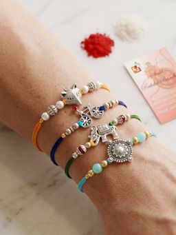 LUCKY JEWELLERY - Animal and Cycle Multi and White Beads Kids Rakhi Set (Pack of 4)