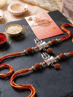 LUCKY JEWELLERY - Trishul Damaru Pendant with Rudraksha Rakhi for Brother (Pack of 2)
