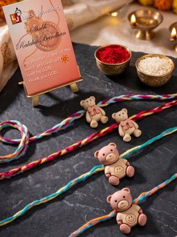 LUCKY JEWELLERY - Teddy Bear Pendant Kids Rakhi Colourful Braided, Roli Chawal (Pack of 4)