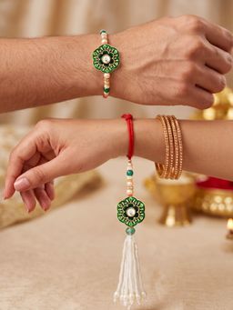 LUCKY JEWELLERY - Floral Pendant Green and Golden Bhaiya Bhabhi Rakhi Set (Pack of 2)