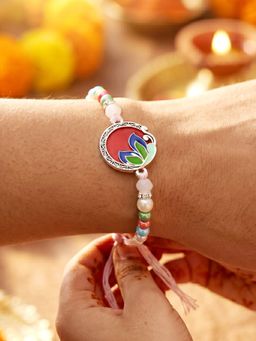 LUCKY JEWELLERY - Silver-Finish Red and Maroon Meenakari Floral Rakhi For Brother