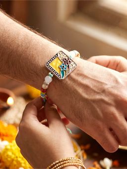 LUCKY JEWELLERY - Silver-Finish Square Yellow Meenakari Floral Rakhi For Brother