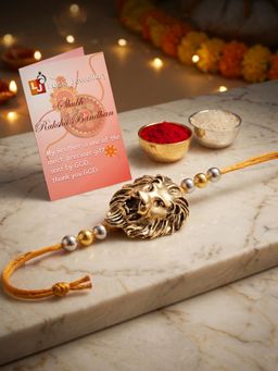 LUCKY JEWELLERY - Golden Lion Pendant Metallic Beads Brother Rakhi with Roli Chawal