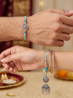 LUCKY JEWELLERY - Bhaiya Bhabhi Floral Jhumka Lumba Rakhi with Roli Chawal (Pack of 2)
