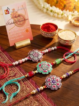 LUCKY JEWELLERY - Floral Enamel Multi Beads Rakhi for Brother Roli Chawal (Pack of 3)