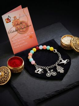 LUCKY JEWELLERY - Bracelet Rakhi with Silver Charms, Multi and Pastel Beads, Roli Chawal