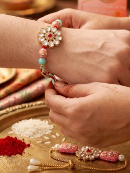 LUCKY JEWELLERY - Bhaiya Bhabhi Kundan Floral Pendant Beads Rakhi Roli Chawal (Pack of 2)