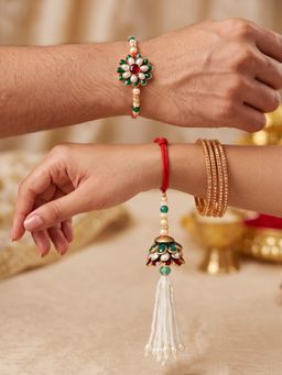 LUCKY JEWELLERY - Bhaiya Bhabhi Floral Pendant Maroon Stones Rakhi (Pack of 2)