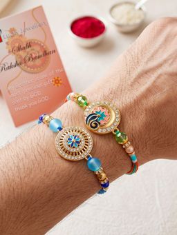 LUCKY JEWELLERY - Peacock and Floral Pendants, Blue and Green Beads, Roli Chawal and Card (Pack of 2)
