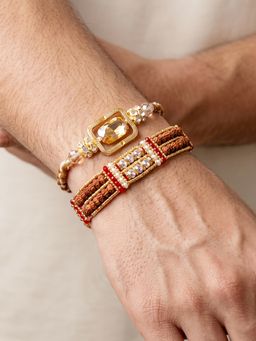 LUCKY JEWELLERY - Rectangular Centrepiece and Rudraksha Style Rakhi with Roli Chawal (Pack of 2)