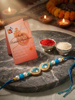 LUCKY JEWELLERY - Blue Ad Drop Pendant White Beads Rakhi for Brother, Roli Chawal