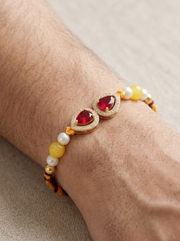 LUCKY JEWELLERY - Maroon Ad Drop Beaded Rakhi for Brother with Roli Chawal and Card