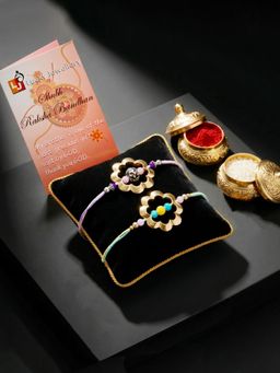 LUCKY JEWELLERY - Golden Hollow Flower Lion Motif Rakhi, Roli Chawal and Card (Pack of 2)