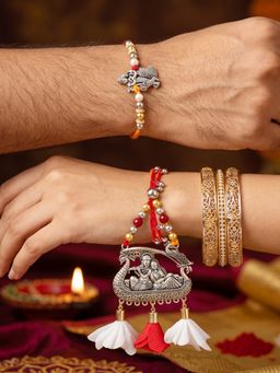 LUCKY JEWELLERY - Bhaiya Bhabhi Radha Krishna Pendant Maroon Rakhi Set (Pack of 2)