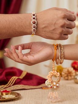 LUCKY JEWELLERY - Peach Floral Dangling Lumba and Brown Beaded Rakhi Set (Pack of 2)