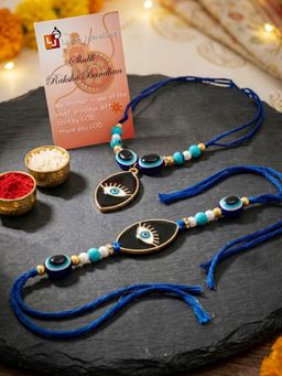 LUCKY JEWELLERY - Bhaiya Bhabhi Evil Eye Pendant Turquoise Rakhi, Roli Chawal (Pack of 2)