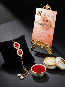 LUCKY JEWELLERY - Adjustable Bracelet with Maroon Drop Ad Pendant, Rakhi, Roli Chawal