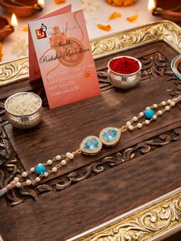 LUCKY JEWELLERY - Blue Ad Drop, White Beads On Double Chain Rakhi for Brother
