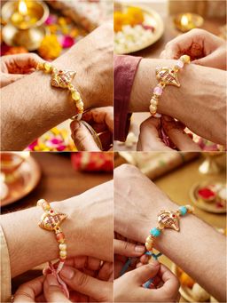 LUCKY JEWELLERY - Om Krishnaya Namah Shankh Rakhi for Brother with Roli, Chawal and Card (Pack of 4)