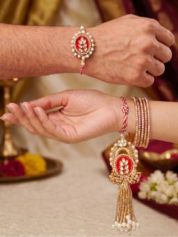 LUCKY JEWELLERY - Rakhi Set Gold Lumba Tassel and White Beaded Matching Rakhi (Pack of 2)
