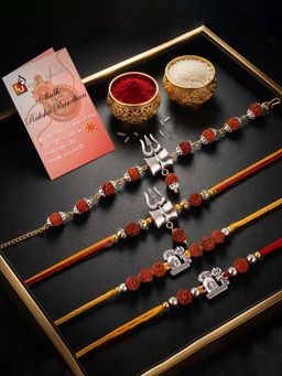 LUCKY JEWELLERY - Trishul Shivling Pendant Rakhi Rudraksha Beads Roli Chawal (Pack of 4)