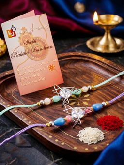 LUCKY JEWELLERY - Silver Geometric Ad Pendant Pastel Beads Rakhi Roli Chawal (Pack of 2)