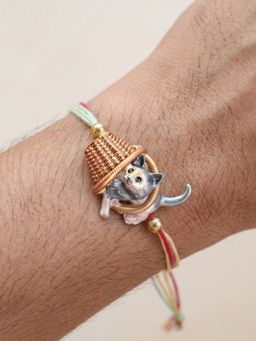 LUCKY JEWELLERY - Kids Kitten Basket Metallic Beads Rakhi for Brother with Roli Chawal