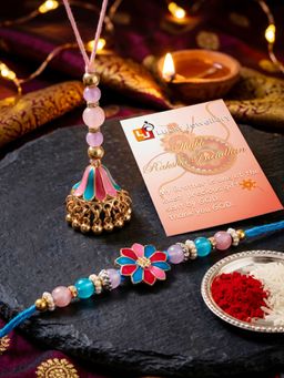 LUCKY JEWELLERY - Designer Floral Bhaiya Bhabhi Jhumki Lumba Rakhi Roli Chawal (Pack of 2)