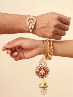 LUCKY JEWELLERY - Bhaiya Bhabhi Rakhi Set Yellow Jhumki Lumba and White Stone Beaded Rakhi (Pack of 2)