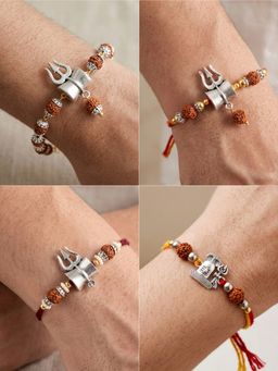 LUCKY JEWELLERY - Rudraksha Silver Trishul Rakhi for Brothers Roli Chawal Card (Pack of 4)