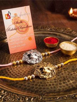 LUCKY JEWELLERY - Lion Face Gold Silver Charm Rakhi for Brothers, Roli Chawal (Pack of 2)