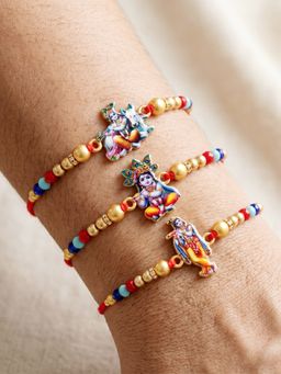LUCKY JEWELLERY - Red Thread with Golden and Coloured Beads Rakhi for Bhai (Pack of 3)