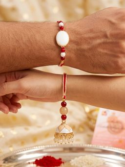 LUCKY JEWELLERY - White Maroon Bhaiya Bhabhi Designer Lumba Rakhi Set (Pack of 2)