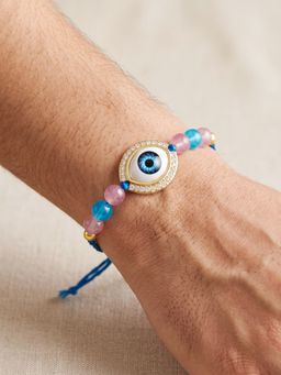 LUCKY JEWELLERY - Evil Eye Protective Charm Pink and Blue Beads, Rakhi with Roli Chawal