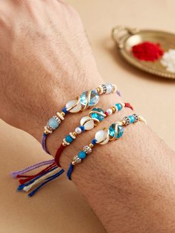 LUCKY JEWELLERY - Designer Rakhi Blue Crystal Cream Stone with Roli Chawal (Pack of 3)