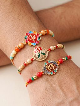LUCKY JEWELLERY - Ek Onkar Sikh Religious Rakhi for Brother with Roli, Chawal and Card (Pack of 3)