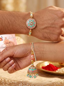 LUCKY JEWELLERY - Pastel Green Pink Kundan Lumba Bhaiya Bhabhi Rakhi, Roli Chawal (Pack of 2)