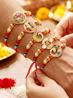 LUCKY JEWELLERY - Designer Golden Om, Ganesha and Peacock Beaded Rakhi for Brother (Pack of 5)