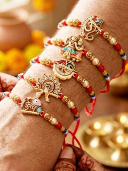 LUCKY JEWELLERY - Beaded Radha Krishna and Khatu Shyam Threads Rakhis for Bhai (Pack of 5)