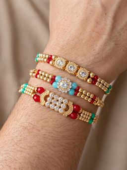 LUCKY JEWELLERY - Rakhi with Small Crystal Centrepieces, Gold-Tone and Coloured Beads (Pack of 3)