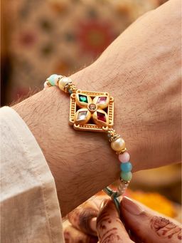 LUCKY JEWELLERY - Designer Multi-Colour Floral Stone Pastel Beaded Rakhi for Brother Roli Chawal Card