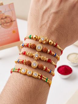 LUCKY JEWELLERY - Rakhi with Small Crystal Centrepieces, Gold-Tone and Multicolour Beads (Pack of 5)