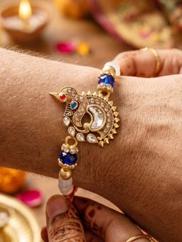 LUCKY JEWELLERY - Designer Peacock Blue Stone and Beaded Rakhi for Brother with Roli Chawal and Card