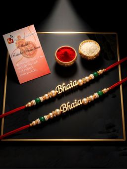 LUCKY JEWELLERY - Gold Bhaiya Rakhi Green Beads, Roli Chawal and Card (Pack of 2)