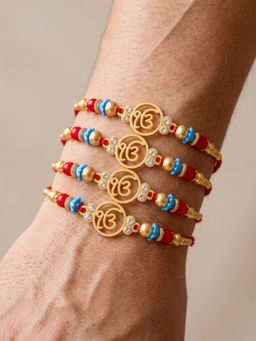 LUCKY JEWELLERY - Rakhi with Ek Onkar Pendant, Maroon and Blue Beads, Roli Chawal and Card (Pack of 4)